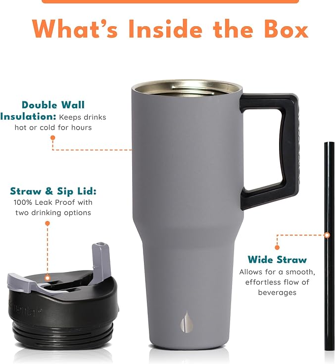 Elemental 100% Leak Proof 32oz Tumbler with Handle & Straw Travel Mug | Stainless Steel Double Wall Insulated Tumbler for Hot and Cold Beverages with Sip & Straw Lid