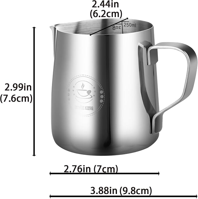 8oz Milk Frothing Pitcher, Stainless Steel Espresso Steamer Frother Cup | 250ml small single serving metal jug with precision pouring spout; top barista tools for perfect coffee cappuccino latte art