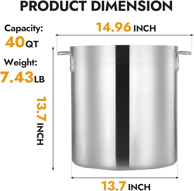 CURTA 40 Quarts Aluminum Stock Pot with Lid, Heavy Duty Commercial Grade Large Capacity Cooking Pot for Boiling, Stewing, Great for Kitchen, Restaurant, Catering, and Home Use, NSF Certified
