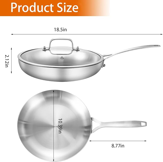 DELARLO Tri-Ply Stainless Steel Frying Pan 10" With Lid Kitchen Skillet | Stainless Steel Pan Cooking Heat fast and evenly Compatible with All Cooktops Dishwasher and Oven Safe