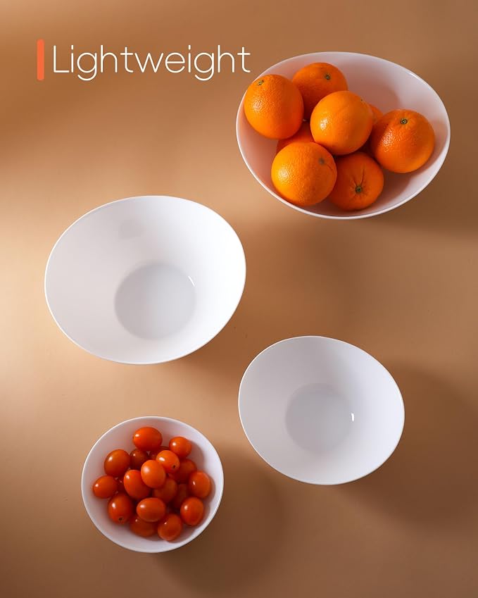 Oval Serving Bowls Set of 4, 12/20/43/66 OZ White Opal Glass | Space-saving nesting design with microwave & dishwasher safe, perfect for mixing, salad, fruit, pasta, dessert & prep