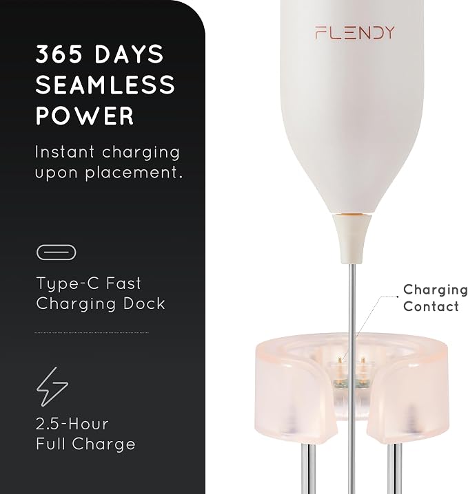 Flendy Rechargeable Milk Frother Handheld with Charging Stand | USB-C Charging Dock, 2 Detachable Double Whisk, Extra Long Mixer Wand, Wall Mount, Top Button, Compact Electric Stirrer