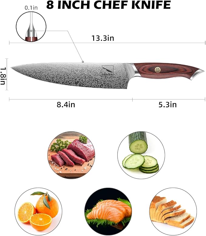 8" High Carbon Stainless Steel Kitchen Chef Knife, Redwood Handle, Textured Anti-Stick Blade, Rustproof & Dishwasher Safe, Effortless Chopping, Premium Gift Box