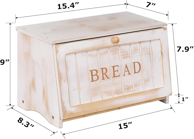 HOMEKOKO Vintage Wood Bread Box for Kitchen Counter, Food Storage Bin,White | Retro Farmhouse Style, Holds 2 Loaves, Breathable Design Keeps Bread Fresh For 3–4 Days, Suitable For Rustic/Vintage Kitchen