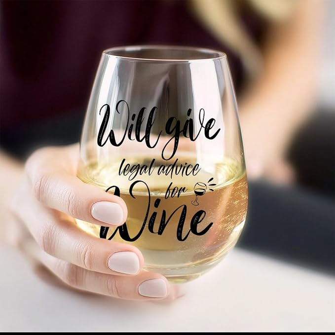 LANBAIHE Funny Wine Glass for Lawyers - 15oz Stemmed Wine Cup with Humorous Legal Advice Quote, Best Birthday/Christmas Gift for Law Firm Staff Graduates(Clear Glass)