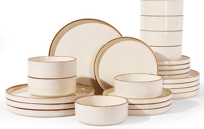Famiware Nebula 24-Piece Dinnerware Set, Vanilla White with Brown Rim | Stoneware Dish Set for 8, Plates and Bowls, Microwave and Dishwasher Safe, Chip and Scratch Resistant