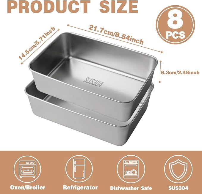 8 Pack Stainless Steel Loaf Pans for Baking Bread, 8.5 x 5.7 Inch Metal Bread Pans, Rectangle Cake and Meatloaf Pan Set, Dishwasher Safe Baking Tins for Sourdough, Banana Bread and Meal Prep