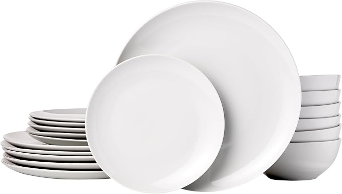 Amazon Basics 18-Piece Complete Kitchen Dinnerware Set, Microwave and Dishwasher Safe, Plates, Dishes, Bowls for Everyday Use, Service for 6, White Porcelain Coupe