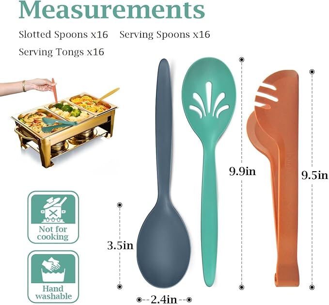 Reusable Plastic Serving Utensils Set of 48, 10" Wheat straw Large Serving set Serving Spoons/Slotted Spoons/Tongs, for Party Buffet Catering (Orange/Blue/Yellow/Green, Not for Cooking)