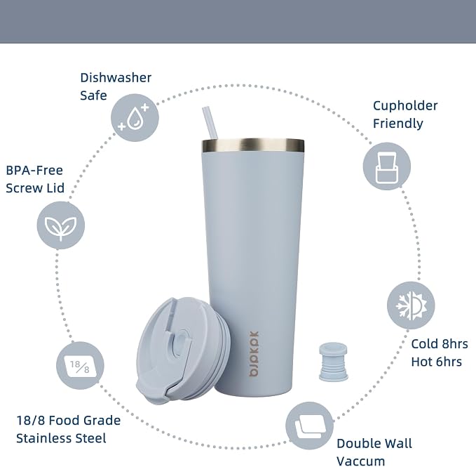 BJPKPK 26 oz Coffee Tumbler with Straw, Insulated Stainless Steel Cup | Double Wall Vacuum, Leak Proof Lid, Keeps Hot/Cold/Iced, BPA Free, Dishwasher Safe, Travel & Outdoor, Modern Blue