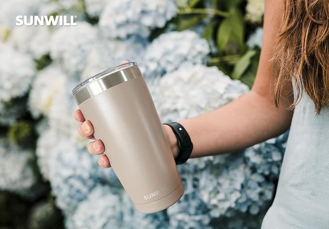 SUNWILL Travel Coffee Tumbler 20 oz, Insulated Mug with Lid, Stainless Steel Cup for Outdoor, Powder Coated Taupe