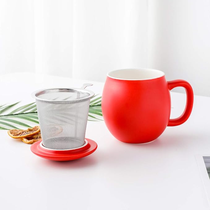 Yundu 12 OZ Matte Red Ceramics Teacup with Infuser and Lid, Mug with Lid for Steeping - Stainless Steel Infuser for Loose Leaf Tea, Home Office Gift for Tea Lovers