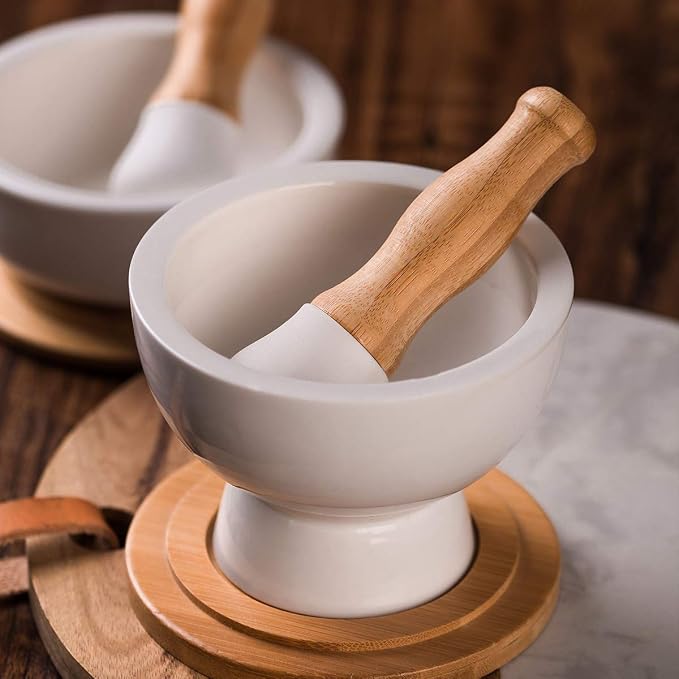 E-liu Porcelain Mortar and Pestle Set with Lid, Functional for Grinding | Pill Crusher, Spice Grinder, Herb Bowl, Pesto Powder with Anti-Slip Base and Grip – Molcajete for Seasoning, Paste