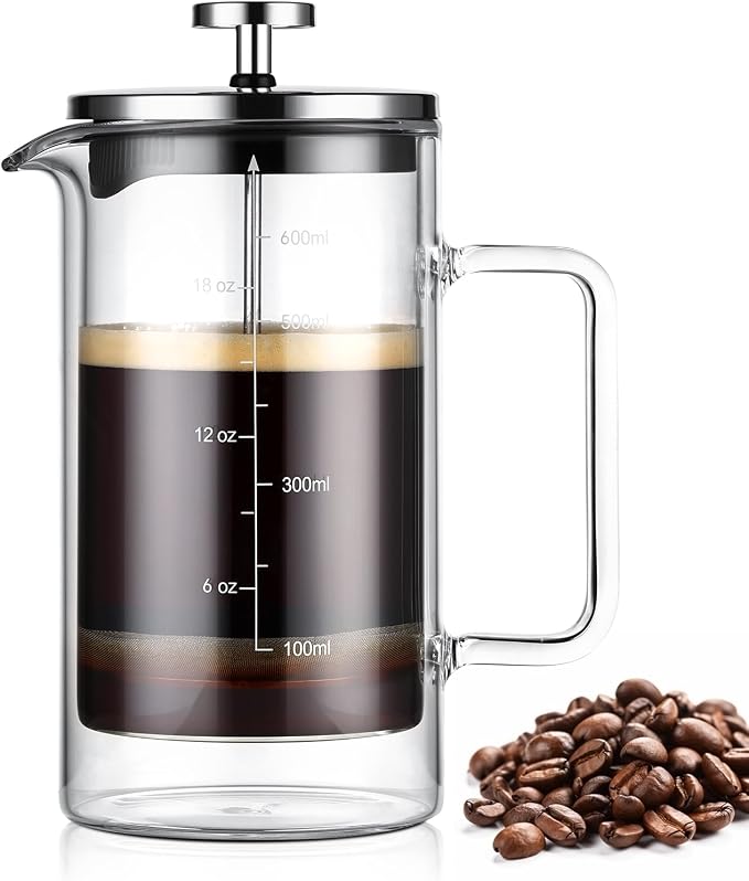 Bincoo French Press Coffee Maker 600ML,Double Wall Insulated Borolicate Glass French Press for Tea and Frothed Milk Press