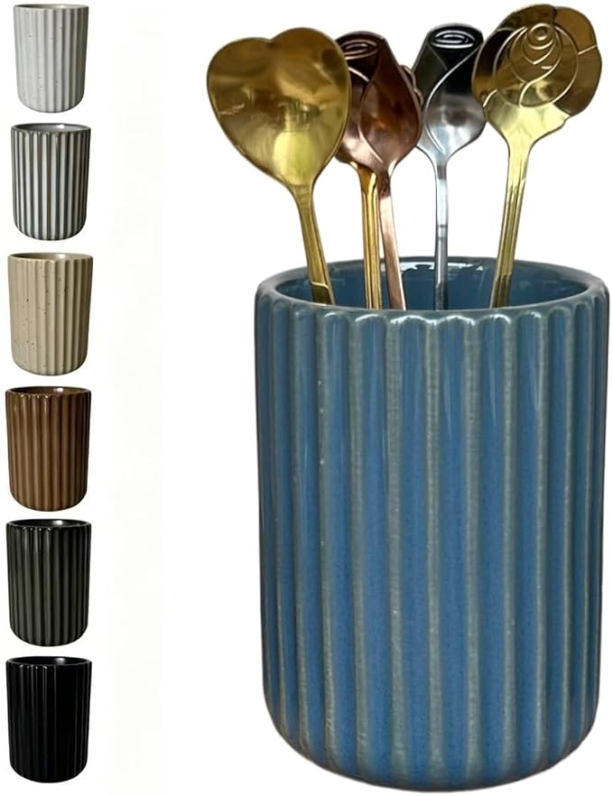 TOPYOKK Stoneware Coffee Bar Utensil Holder Tea & Coffee Spoon & Stirrer Holder for Stir Stick Straw Teaspoon Holder Espresso Spoon Cup Small Utensil Jar Fluted Vertical Stripe (Navy Blue)