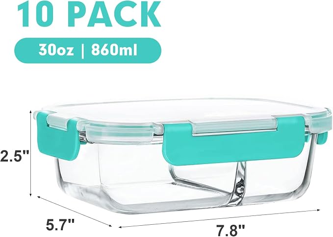 M MCIRCO 10 Pack,30 oz, 2 Compartments Glass Meal Prep Containers with Lids | Divided Glass Food Storage Containers, Portion Control Lunch Containers, Microwave, Oven, Freezer, Dishwasher, Green