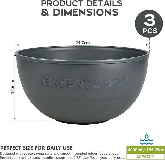 Greentainer 3 Pack Large Plastic Bowls, 135oz Plastic Salad Bowls - Reusable Serving Bowls for Party, Picnic, Entertaining, Kitchen & Outdoor, Microwave & Dishwasher Safe (Grey)