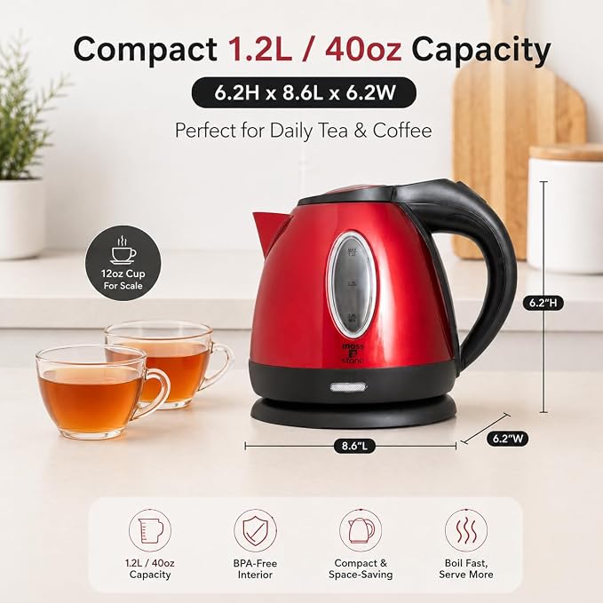 Moss & Stone Red Stainless Steel Electric Kettle, 1.2L Cordless 1500W | Small, portable hot water tea kettle, fast boiling pot, boil-dry protection, auto shut-off, blue Illuminate LED light