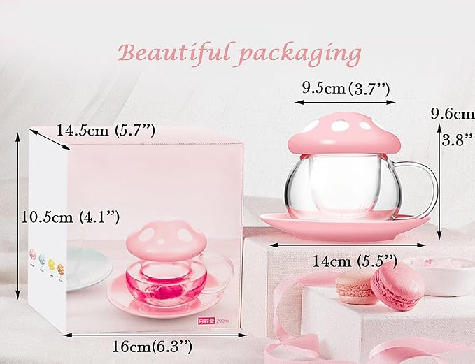 Mushroom Tea Cup Set, Cute Glass Tea Cups and Saucers, Kawaii Teacup with Infuser for Loose Leaf Tea Steeper, Coffee Mugs Birthday Gifts for Women, Tea Infuser Mug with Lid for Mother Girls (Blue)