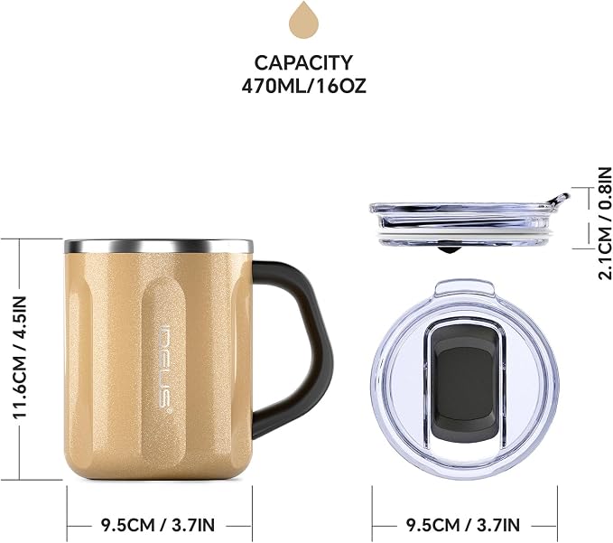 Ideus 16 oz Insulated Coffee Mug with Handle and Lid, Double Wall Stainless Steel Vacuum Thermal Coffee Mug, Travel Coffee Cup Thermal Cup for Home and Office, Golden-FUJI FLOW