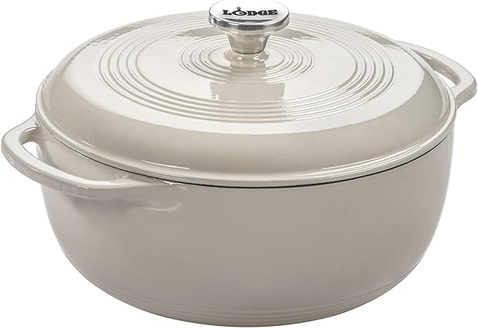 Lodge Essential Enamel Cast Iron Dutch Oven 6 Quarts - Perfect for Bread Baking, Braising, Marinating & Slow Cooking, Features Moisture-Sealing Lid & Dual Handles, Kitchen Essentials, Oyster White