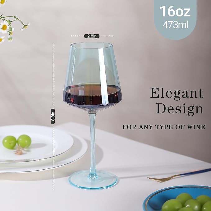 Light Blue Wine Glasses Set 6-16oz Modern Blue Wine Glasses With Tall Long Stem and Flat Bottom,Unique Blue Wine Stemware for Birthday Wedding Bridal Shower