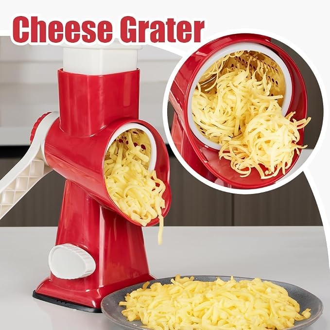 Rotary Cheese Grater Hand Crank Red - Shredder Slicer Grinder 3 Stainless Steel Blades, Stable Suction, Labor-Saving Handle, Safe Kitchen Tool for Cheese, Vegetable, Nuts, Chocolate