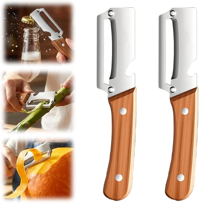 Multi-Functional Vegetable Peeler for Kitchen, 2026 New Stainless Steel Peeler with Wooden Handle and Bottle Opener, Kitchen Tool for Fruit Veggie Pumpkin, Gifts for Mom (2PCS)