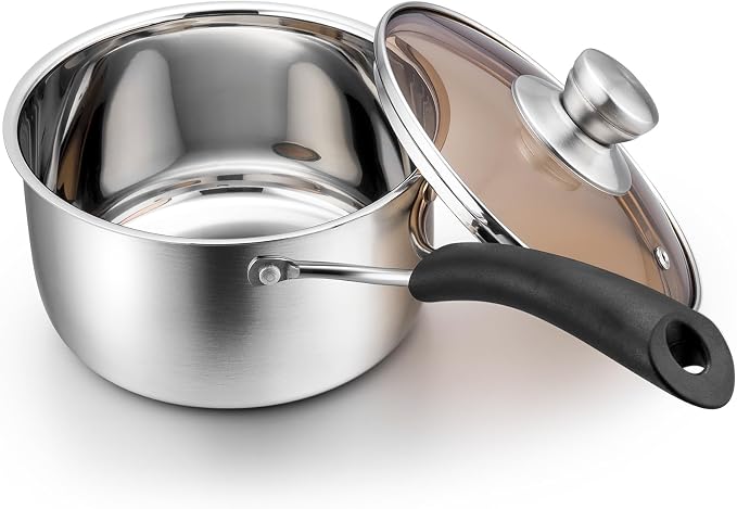 P&P CHEF 2 Quart Sauce Pan With Lid, Small Pot Saucepan for Milk, 1 Pc | Stainless Steel Saucepan, Small Sauce Pot for Cooking, Visible Glass Lid & Bakelite Heat-Proof Handles,Dishwasher Safe