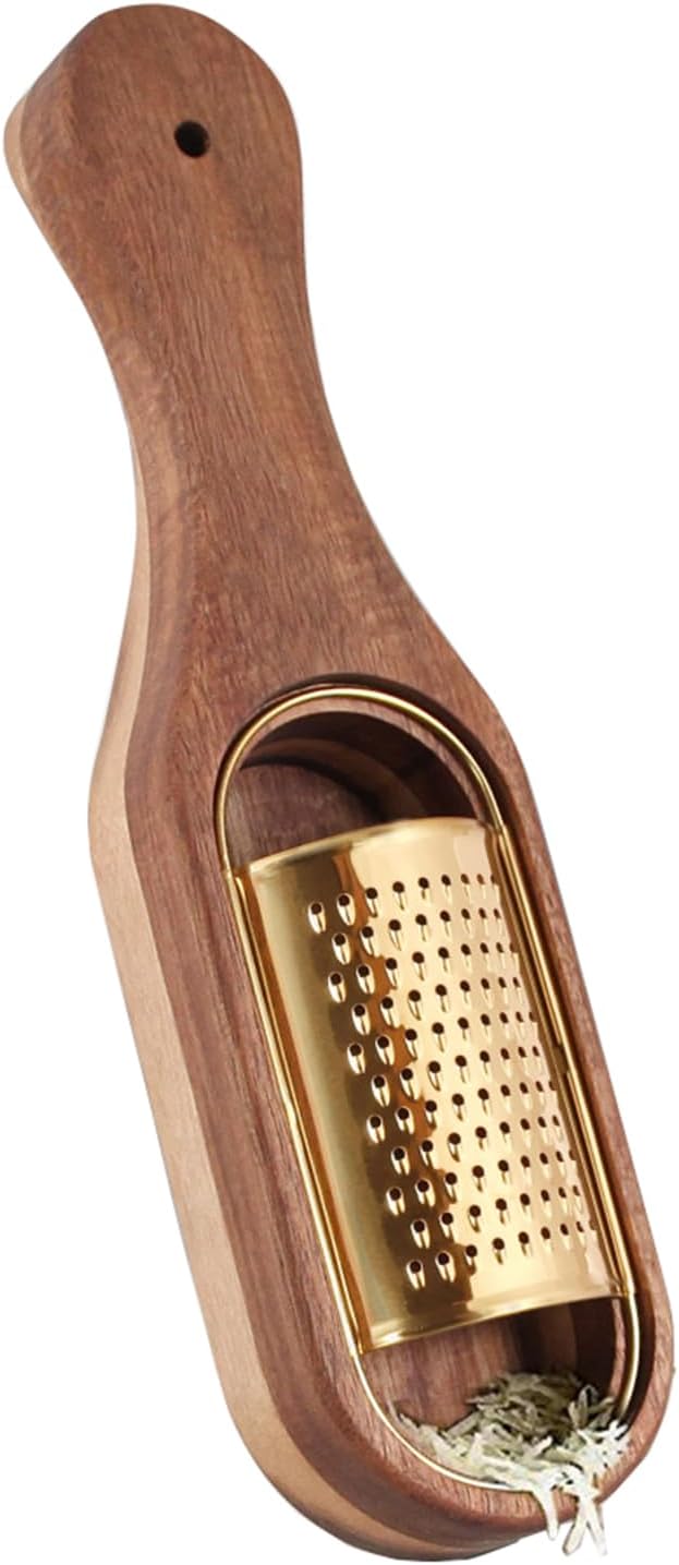 Box Cheese Grater With Container Stainless Steel Parmesan Cheese Grater With Wood Handle Shredder Zester Grater Box Kitchen Handheld Cheese Spoon Grater-Gold Colour (With Handle)