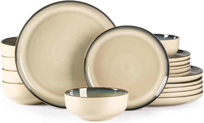 GBHOME Dinnerware Sets for 6, 18 Pieces Ceramic Plates and Bowls Set | Scratch Resistant Stoneware Dishes Set, Dishwasher & Microwave Safe, Reactive Glaze-Pale Khaki