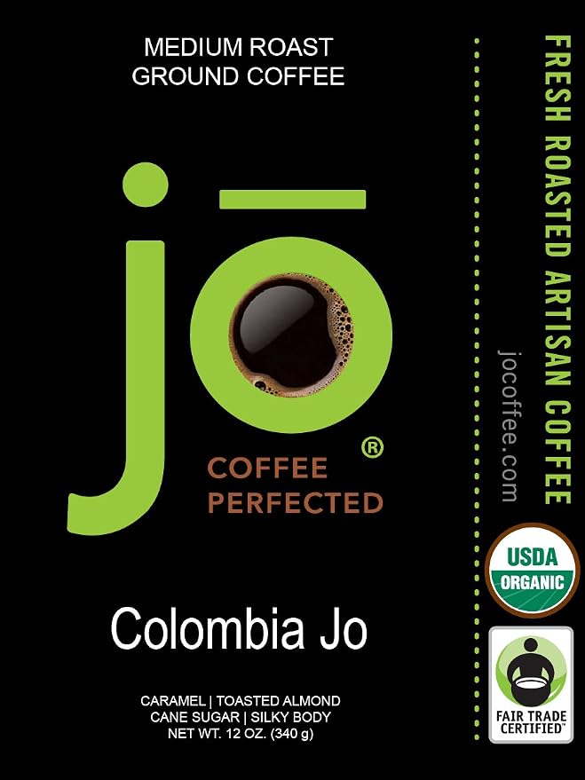 Colombia Jo: 12 oz, Organic Gourmet Coffee, Medium Roast, Ground | Creamy Body, USDA Fair Trade Kosher Certified, 100% Single Origin Arabica, NON-GMO, Gluten Free Specialty Grade by Jo Coffee®