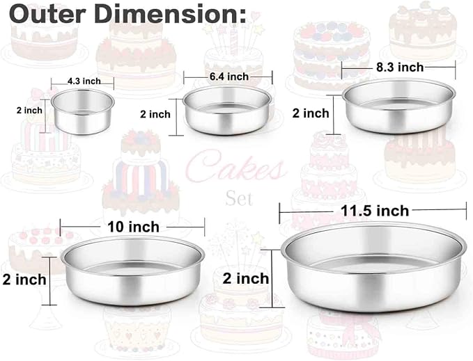 TeamFar Cake Pan, Stainless Steel Round Baking Tier Cake Pans Tins Set of 5 | 4''/6''/8''/9½''/11'' Layer Baking Tin, for Birthday Wedding Healthy & Heavy Duty, Mirror Finish & Dishwasher Safe - Set of 5