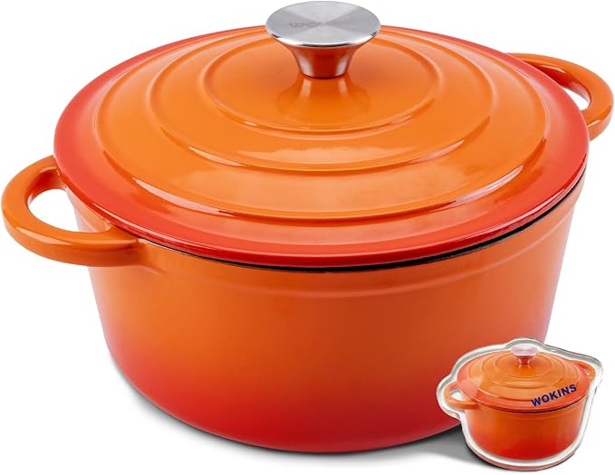 4-QT Enameled Cast Iron Round Dutch Oven With Lid,Oven safe,Orange | Small enameled cast iron Dutch oven,Retains moisture,PFAS-free,500°F,sourdough,braising/stews/roasting,Housewarming Gift