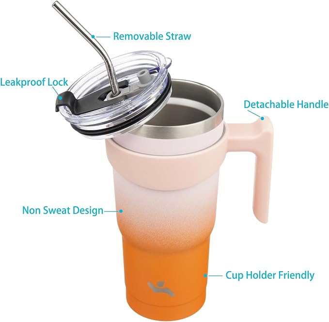 Konokyo 20 oz Tumbler with Handle and Straw, Insulated Travel Mug | Coral; BPA-free, leak-proof tumbler with 2 lids, 2 straws, cup holder fit for coffee, office, travel & daily use