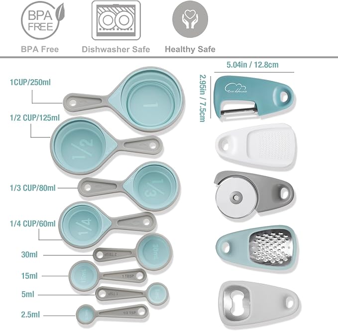 Kitchen Gadgets Set 13 Piece, Essentials for Kitchen RV Camper, Blue | Space Saving Cooking Tools, Includes Cheese Grater, Pizza Cutter, Peeler, Bottle Opener, Garlic Grinder