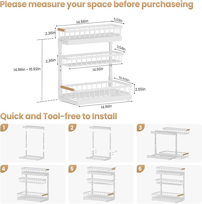 Under Sink Organizer and Storage for Bathroom and Kitchen - 2 Pack 3 Tier | Under Cabinet Pull Out Shelf Organizers - Slide Out Drawer Organization for Home Cabinets Shelves and Drawers