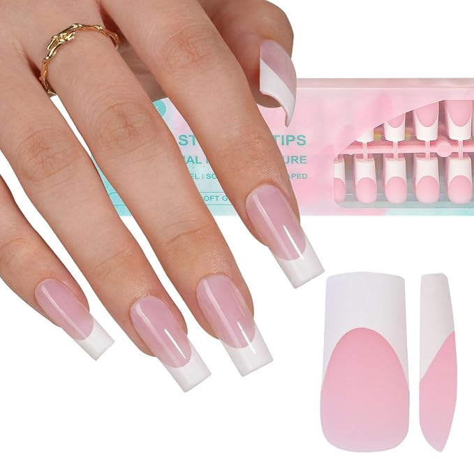 Misssix 240Pcs French Tip Press on Nail Long Square Gel Fake Nails Pink | No Need to File Tips Pre-lasting, White French Nail Tips for Nail Art DIY 15 Sizes