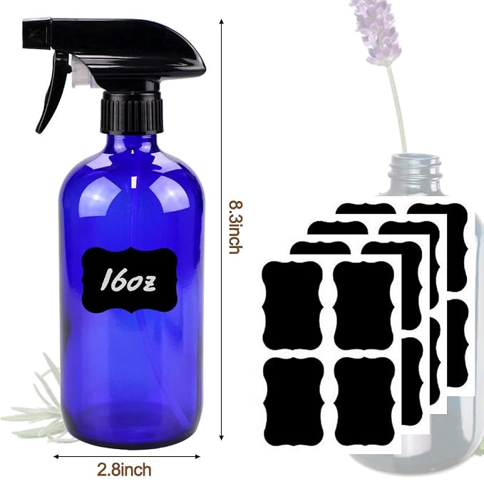 Bontip Glass Spray Bottle, Blue Glass Spray Bottle Set & Accessories Refillable for Plants Window Cleaners Aromatherapy Facial Hydration Watering Flowers Hair Care (2 Pack/16 oz) (Blue)