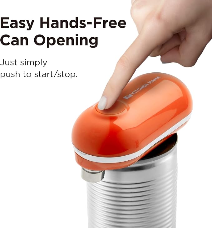 Kitchen Mama Mini Electric Can Opener Smooth Edge, Orange | Opens Can with One Press, Ultra-Compact, Hands-Free, Cordless, Battery Operated