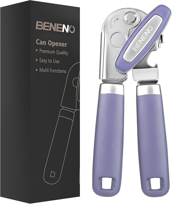 Beneno Heavy Duty Hand Can Opener Manual with Magnet Lid Remover, Purple | Razor-Sharp Carbon Steel Blade, Precise Smooth Cutting Gear, Big Effort-Saving Knob, Soft Grip Handle, Built-in Bottle Opener