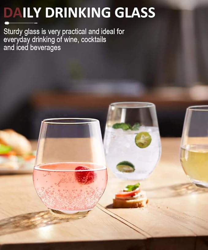 OJA Wine Glasses Set, Crystal Stemless Red Wine Glass, Set of 4, 15 oz | No Stem, Clear, Sturdy Drinking Glass for White Wine, Daily Use, Birthday, Wedding, Home Party, Anniversary, Shower Gift