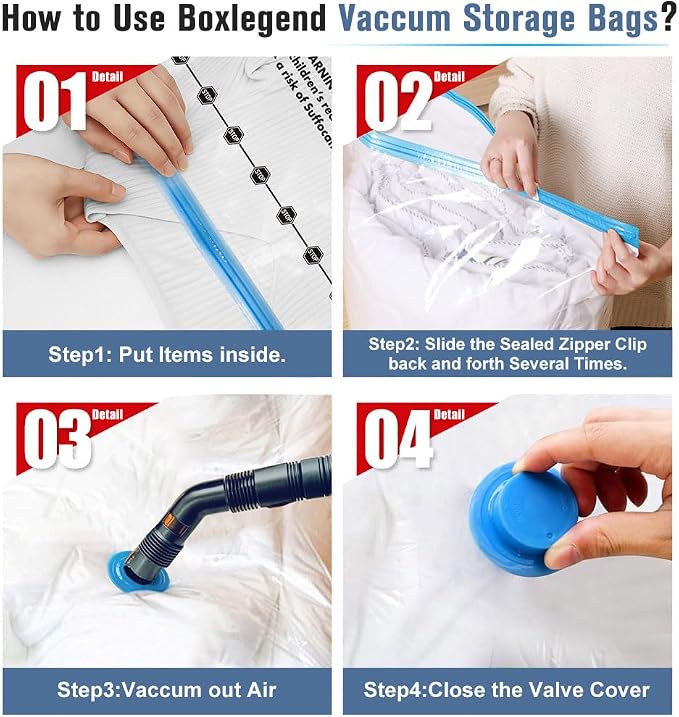 BoxLegend Vacuum Storage Bags with Large Hand Pump 24 Combo (1X-Jumbo, 4 Jumbo, 7 Large, 6 Medium, 6 Small) Thickened Vacuum Seal Bags for Clothing Blanket Pillow Comforters Bedding Quilt Coat