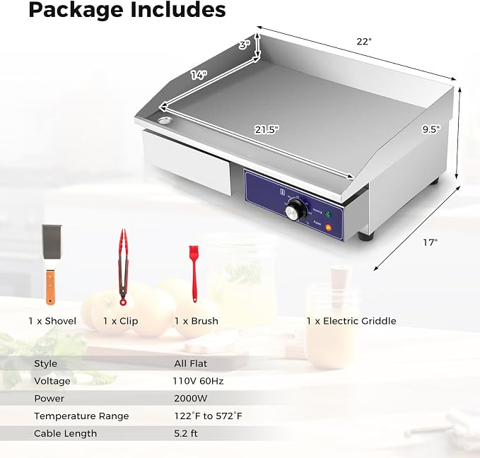 Giantex Commercial Electric Griddle, 22" Countertop Flat Top Grill | 2000W Stainless Steel Teppanyaki Grill with Cast Iron Griddle Plate, 122℉-572℉ Adjustable Temp Control for Home & Restaurant