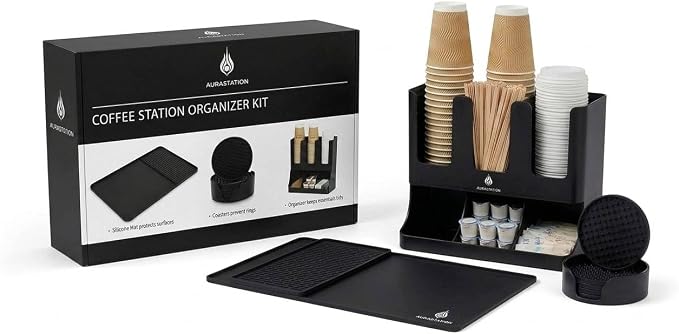 Coffee Bar Accessories and Organizer with Heat-Resistant Silicone Mat – Coffee Station Organizer 7-Piece Kit, Coffee Cup Organizer for Countertop or Cabinet with Coasters Set | Complete 7-Piece Coffee Station Bundle – Cup Organizer, Silicone Mat & 4 Ma...