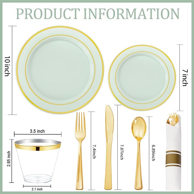 175PCS Sage Green Plastic Plates - Heavy Duty Green Plates Disposable - 25Guests Plastic Dinnerware with Rolled Napkins for Birthday/Baby Shower