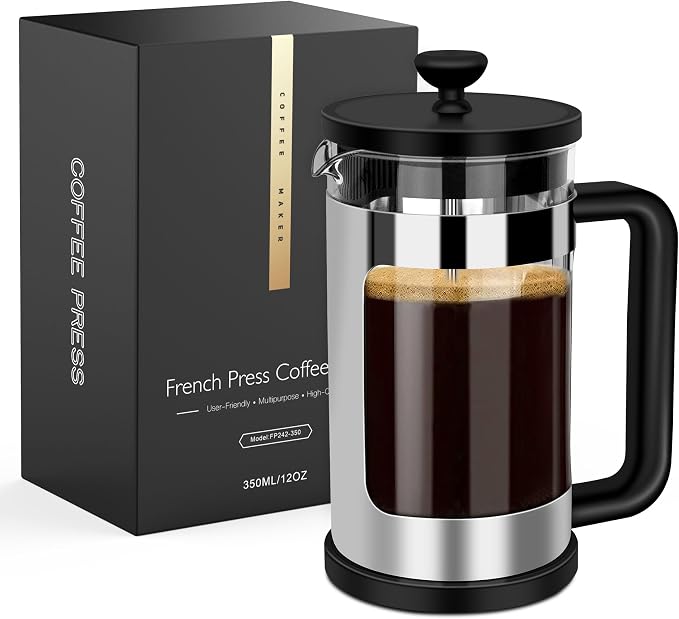 RAINBEAN French Press Coffee Maker 12 Oz, Mini Coffee Press 1 Cup, Single Serve French Press, With 3 Filterations, Heat Resistant Thickness Borosilicate Glass, Coffee Brewer Tea Press
