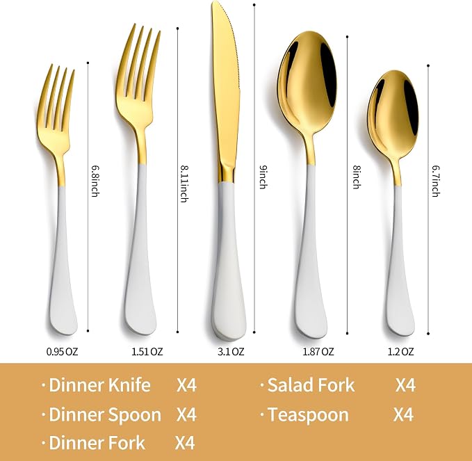 20-Piece White and Gold Silverware Set 18/0 Stainless Steel Silverware Set White Handle Cutlery Set Service for 4 Dinner Knives Forks Spoons Set Flatware Set Finish Dishwasher Safe
