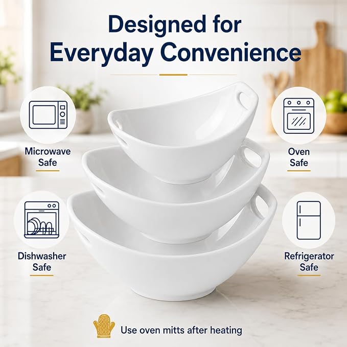 Ceramic Serving Bowls with Handles, Large Salad Bowl Set for Entertaining, Mixing, Serving Dishes for Parties, Kitchen, Housewarming & Everyday Use, Set of 3, 15/28/49 oz