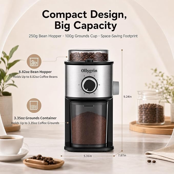 Flat Burr Coffee Grinder Electric, Coffee Grinder with 14 Grinding Levels, Burr Mill Grinder with Large Bean Hopper, Compact Design for Home&Office, Brushed Silver